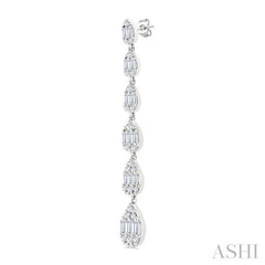 1 1/2 Ctw Pear Shape Fusion Baguette and Round Cut Diamond Fashion Long Earring in 14K White Gold
