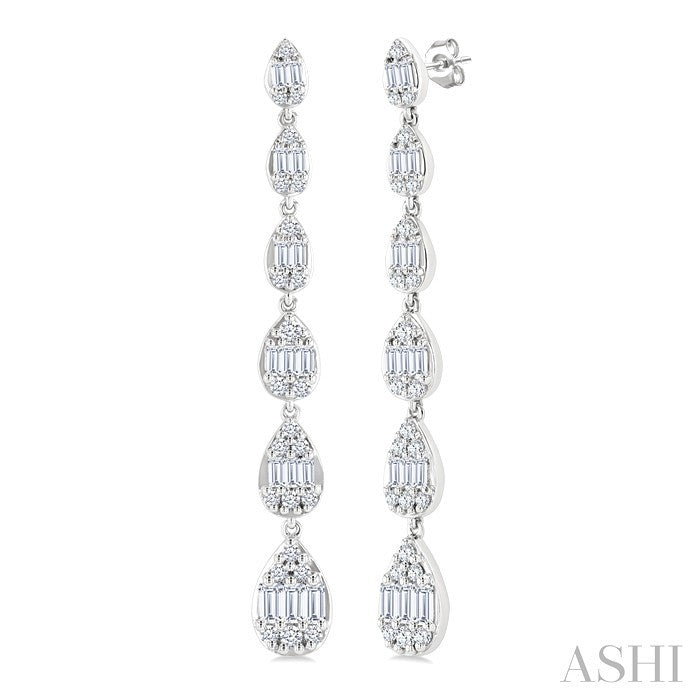 1 1/2 Ctw Pear Shape Fusion Baguette and Round Cut Diamond Fashion Long Earring in 14K White Gold