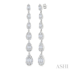 1 1/2 Ctw Pear Shape Fusion Baguette and Round Cut Diamond Fashion Long Earring in 14K White Gold