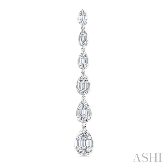 1 1/2 Ctw Pear Shape Fusion Baguette and Round Cut Diamond Fashion Long Earring in 14K White Gold