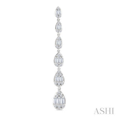 1 1/2 Ctw Pear Shape Fusion Baguette and Round Cut Diamond Fashion Long Earring in 14K White Gold