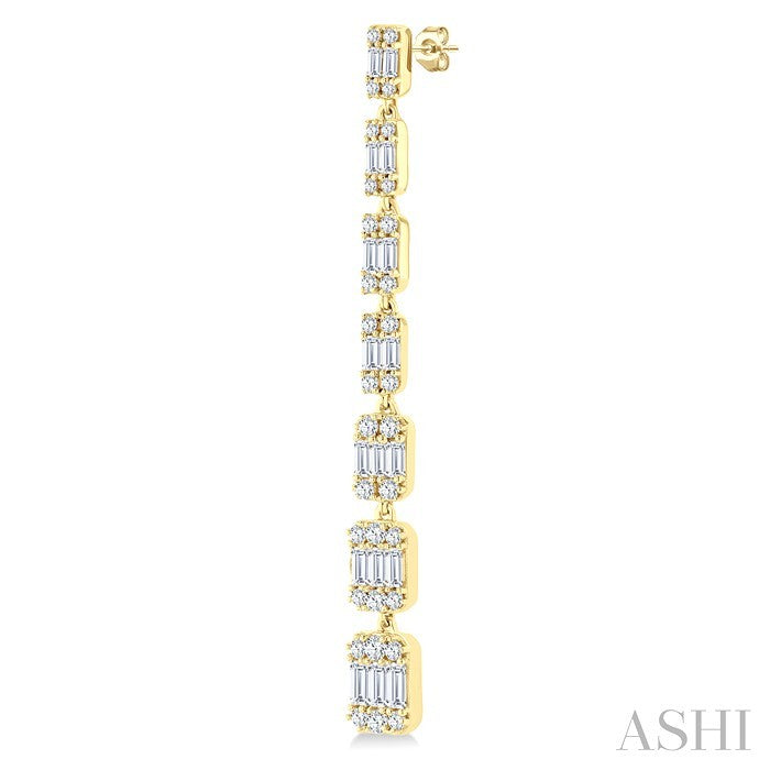 1 1/2 Ctw Fusion Baguette and Round Cut Diamond Fashion Long Earring in 14K Yellow Gold