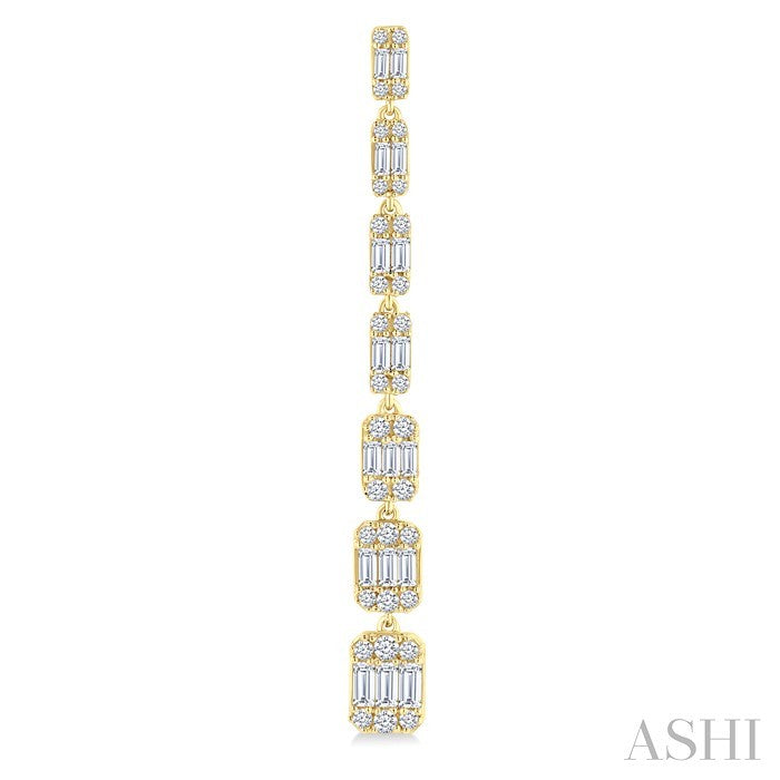 1 1/2 Ctw Fusion Baguette and Round Cut Diamond Fashion Long Earring in 14K Yellow Gold