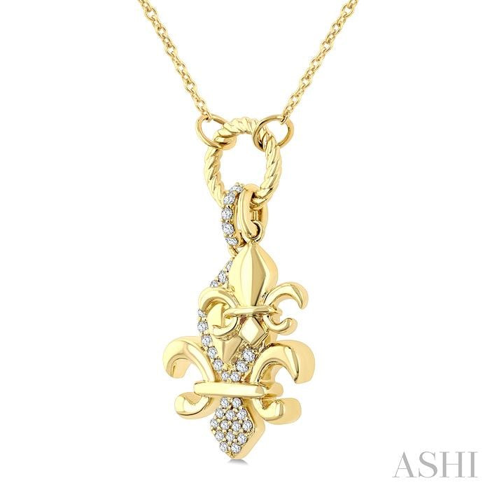 1/6 Ctw Fleur De Lis Charm Round Cut Diamond Pendant With Chain in 10K Yellow Gold
