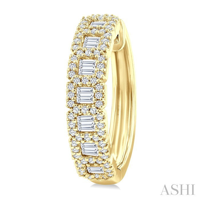 1 Ctw Fusion Baguette and Round Cut Diamond Fashion Hoop Earring in 14K Yellow Gold