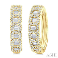 1 Ctw Fusion Baguette and Round Cut Diamond Fashion Hoop Earring in 14K Yellow Gold