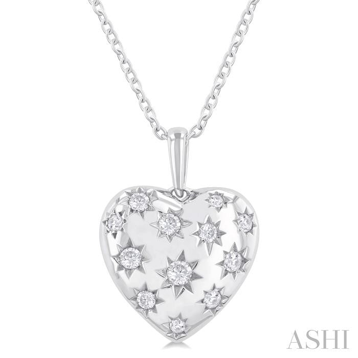 1/6 Ctw Bold Star Engraved Puffed Heart Round Cut Diamond Fashion Pendant With Chain in 10K White Gold