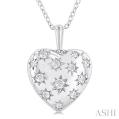 1/6 Ctw Bold Star Engraved Puffed Heart Round Cut Diamond Fashion Pendant With Chain in 10K White Gold