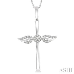 1/10 Ctw Angel Wing Round Cut Diamond Cross Petite Pendant With Chain in 10K White Gold