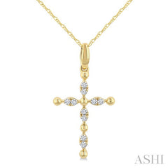 1/20 Ctw Cross Marquise and Ball Bead Motif Round Cut Diamond Fashion Pendant With Chain in 10K Yellow Gold