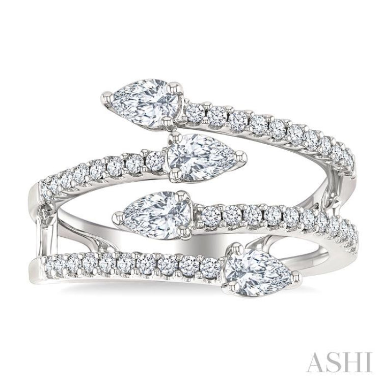 7/8 Ctw Split Double Bypass Pear and Round Cut Diamond Open Fashion Ring in 14K White Gold