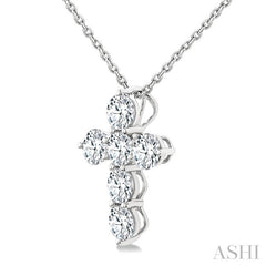 1 Ctw Round Cut Diamond Christian Cross 6-Stone Fashion Pendant With Chain in 14K White Gold