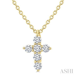 1/6 Ctw Round Cut Diamond Christian Cross 6-Stone Fashion Pendant With Chain in 14K Yellow Gold