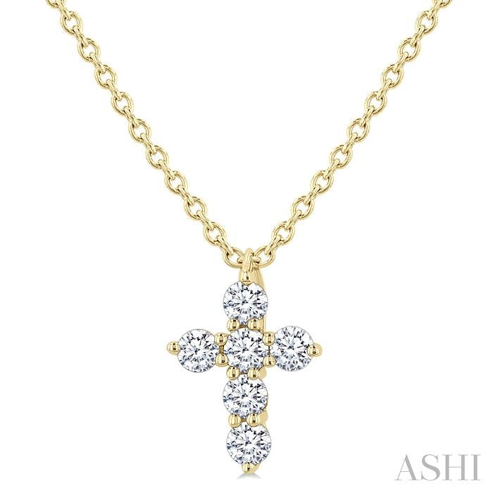 1/6 Ctw Round Cut Diamond Christian Cross 6-Stone Fashion Pendant With Chain in 14K Yellow Gold