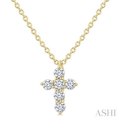 1/6 Ctw Round Cut Diamond Christian Cross 6-Stone Fashion Pendant With Chain in 14K Yellow Gold