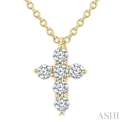 1/6 Ctw Round Cut Diamond Christian Cross 6-Stone Fashion Pendant With Chain in 14K Yellow Gold