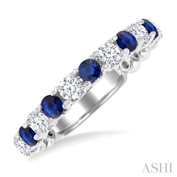 2.85 MM Sapphire and 1/2 Ctw Round Cut Diamond Precious Wedding Band in 14K White Gold