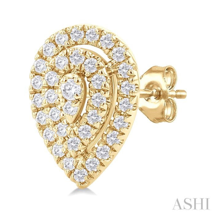 1/5 Ctw Double Halo Pear Shape Petite Round Cut Diamond Fashion Stud Earring in 10K Yellow Gold