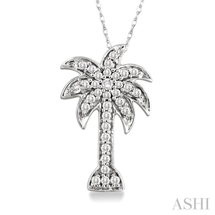 1/10 Ctw Palm Tree Round Cut Diamond Pendant in 10K White Gold with Chain