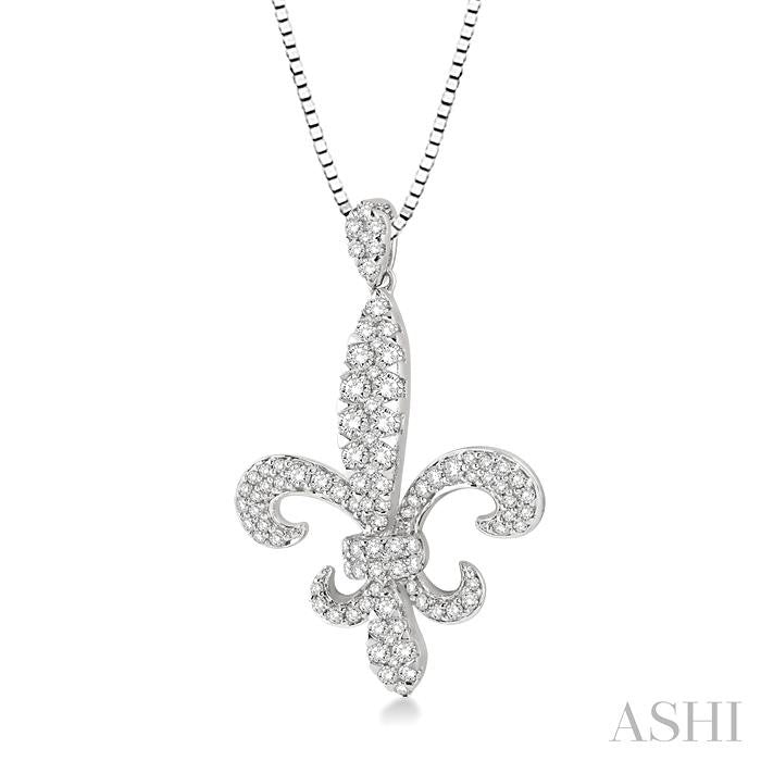7/8 Ctw Round Cut Diamond Fleur De Lis Pendant in 14K White Gold with Chain