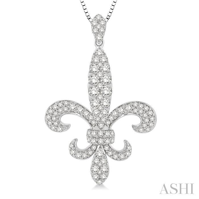 7/8 Ctw Round Cut Diamond Fleur De Lis Pendant in 14K White Gold with Chain