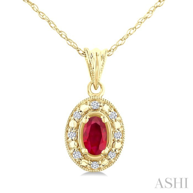5x3 MM Oval Shape Ruby and 1/20 Ctw Round Cut Diamond Pendant in 10K Yellow Gold with Chain