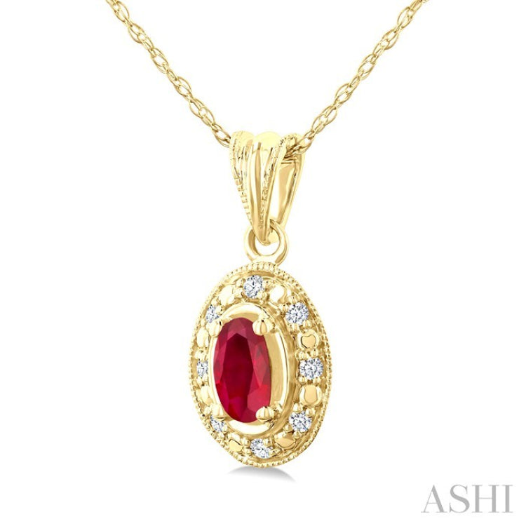 5x3 MM Oval Shape Ruby and 1/20 Ctw Round Cut Diamond Pendant in 10K Yellow Gold with Chain