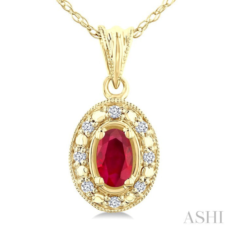 5x3 MM Oval Shape Ruby and 1/20 Ctw Round Cut Diamond Pendant in 10K Yellow Gold with Chain