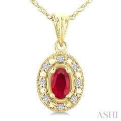 5x3 MM Oval Shape Ruby and 1/20 Ctw Round Cut Diamond Pendant in 10K Yellow Gold with Chain