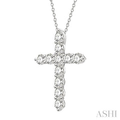 1 1/2 Ctw Round Cut Diamond Cross Pendant in 14K White Gold with Chain