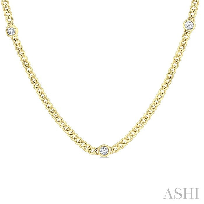 1/2 Ctw Bezel-Set Round-Cut Diamond Curb & Cuban Link Fashion Station Necklace in 14K Yellow Gold