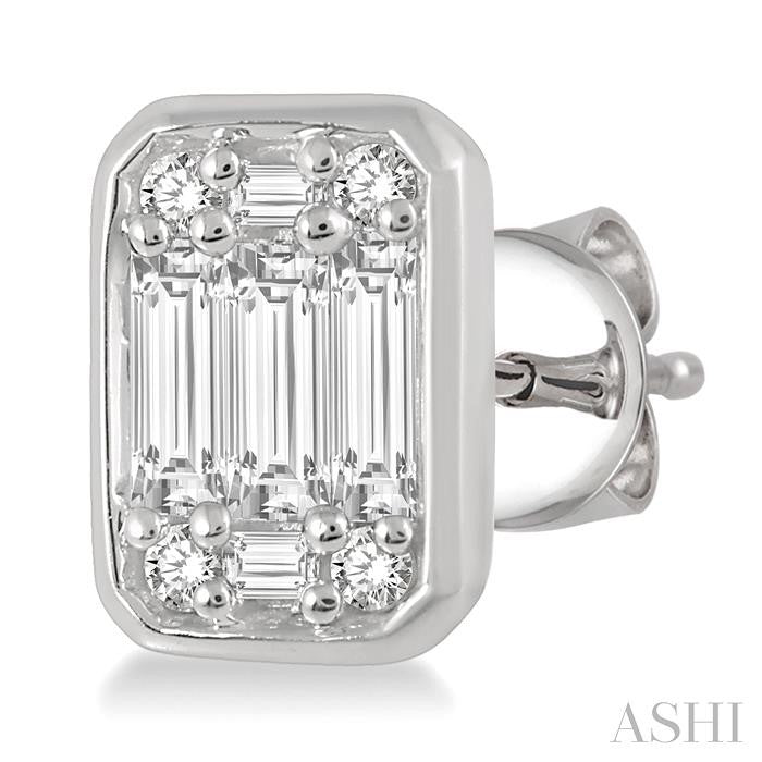 3/4 Ctw Octagonal Shape Baguette and Round Cut Diamond Bezel Stud Earrings in 14K White Gold