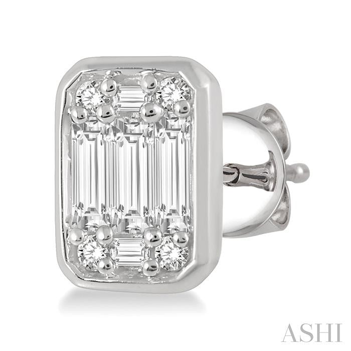 3/8 Ctw Octagonal Shape Baguette and Round Cut Diamond Bezel Stud Earrings in 14K White Gold