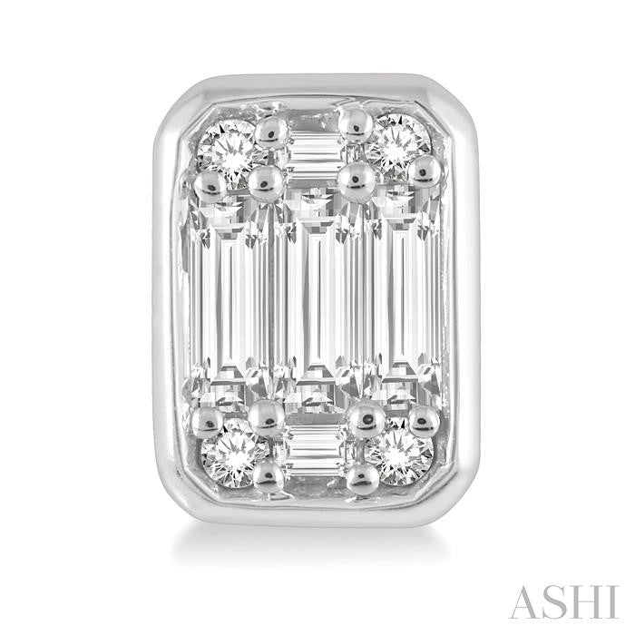 3/8 Ctw Octagonal Shape Baguette and Round Cut Diamond Bezel Stud Earrings in 14K White Gold