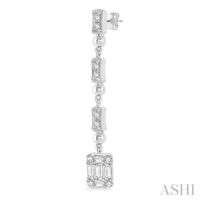 1/2 Ctw Baguette and Round Cut Diamond Long Earrings in 14K White Gold