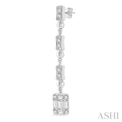 1/2 Ctw Baguette and Round Cut Diamond Long Earrings in 14K White Gold