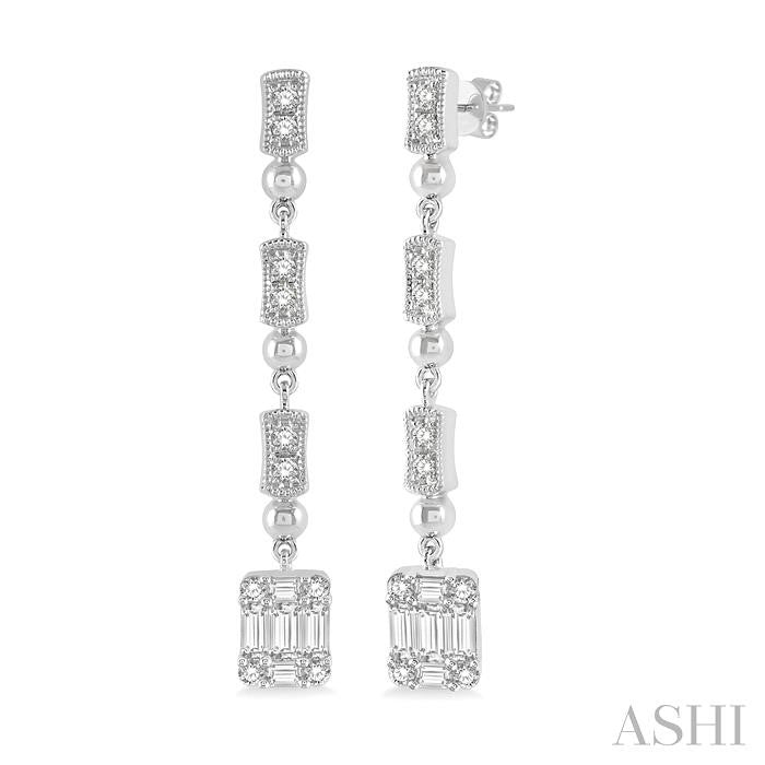 1/2 Ctw Baguette and Round Cut Diamond Long Earrings in 14K White Gold