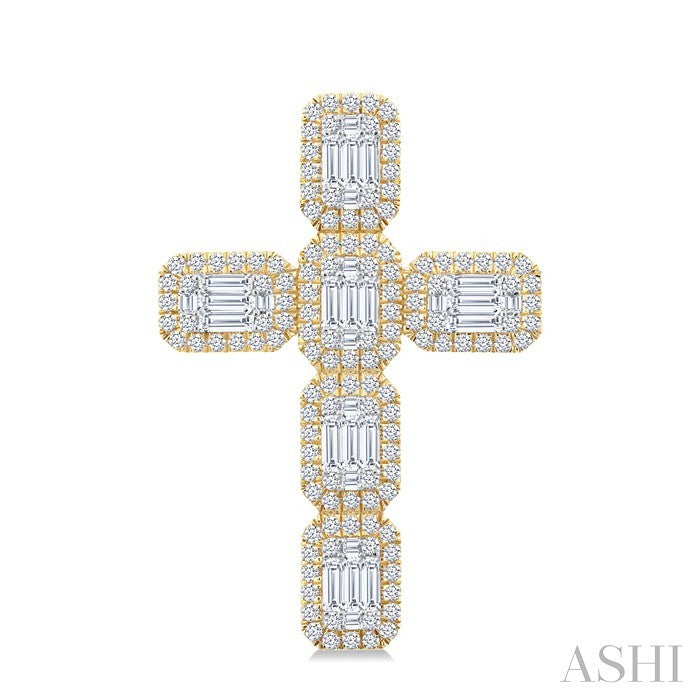 1 1/2 Ctw Cross Fusion Baguette and Round Cut Diamond Fashion Pendant in 14K Yellow and White Gold