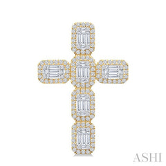 1 1/2 Ctw Cross Fusion Baguette and Round Cut Diamond Fashion Pendant in 14K Yellow and White Gold