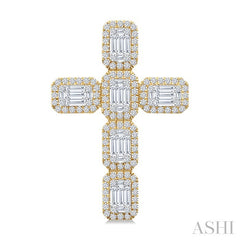 1 1/2 Ctw Cross Fusion Baguette and Round Cut Diamond Fashion Pendant in 14K Yellow and White Gold