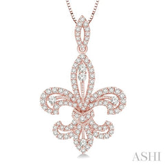 7/8 Ctw Round Cut Diamond Fleur De Lis Diamond Pendant in 14K Rose Gold with Chain