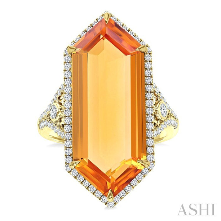 26x10 MM Hexagon Shape Citrine and 1/2 Ctw Round Cut Diamond Halo Semi-Precious Ring in 14K Yellow Gold