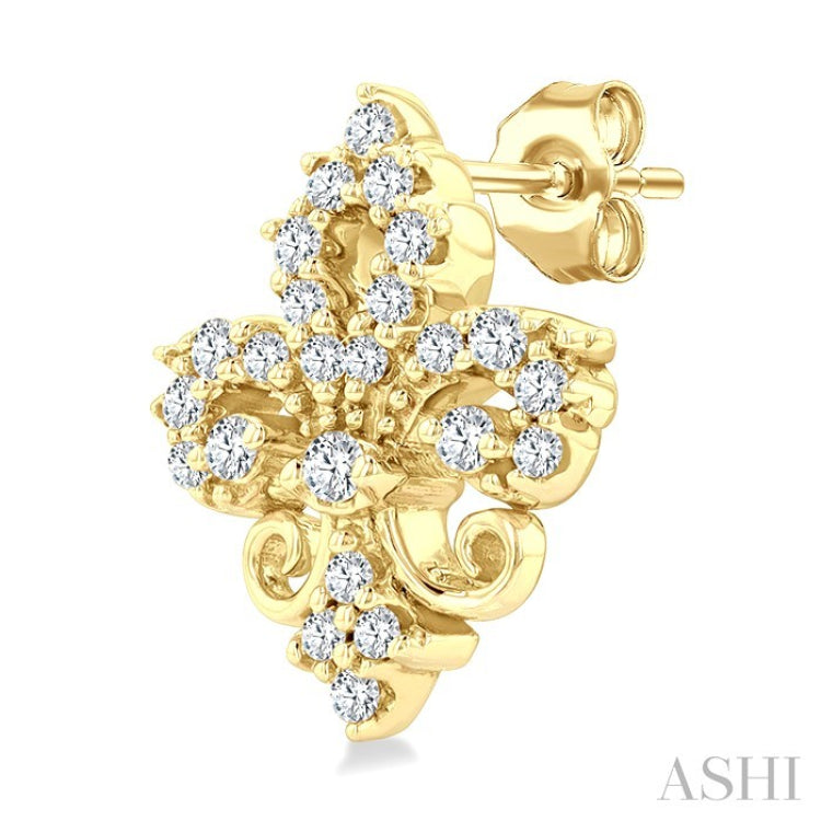1/5 Ctw Petite Fleur De Lis Round Cut Diamond Fashion Stud Earring in 10K Yellow Gold