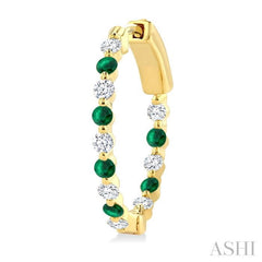 2 MM Round Cut Emerald and 1/2 Ctw Round Cut Diamond Precious Inside-Out Alternating Hoop Earrings in 14K Yellow Gold