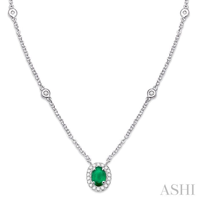 6x4 MM Oval Cut Emerald and 1/6 Ctw Round Cut Diamond Necklace in 14K White Gold