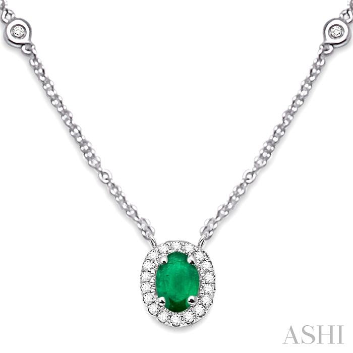 6x4 MM Oval Cut Emerald and 1/6 Ctw Round Cut Diamond Necklace in 14K White Gold