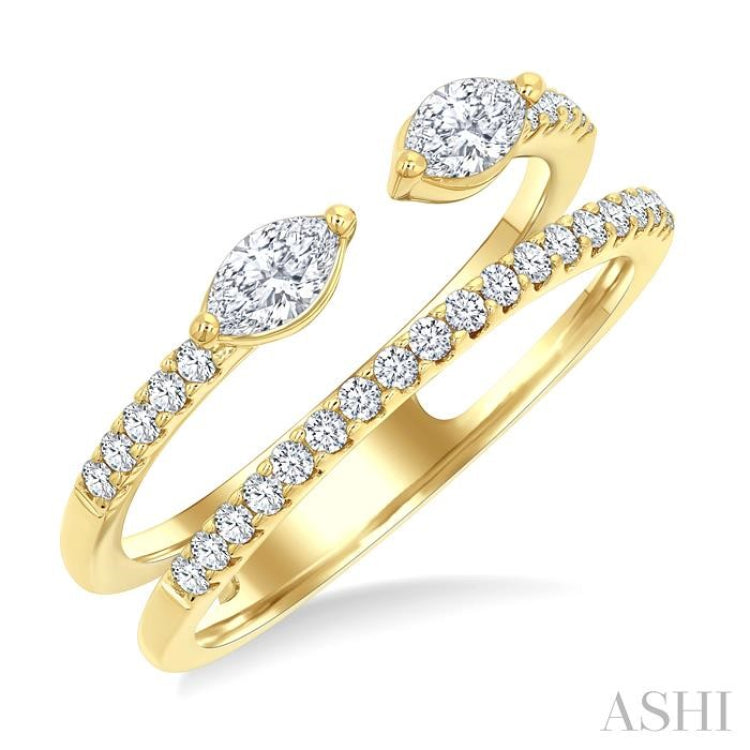 1/2 Ctw Split Twin Row 2-Stone Marquise and Round Cut Diamond Fashion Ring in 14K Yellow Gold