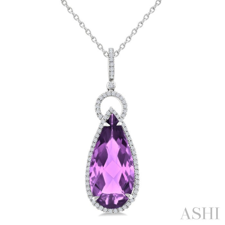 22X10 MM Pear Cut Amethyst and 1/3 Ctw Round Cut Diamond Halo Semi-Precious Pendant With Chain in 14K White Gold