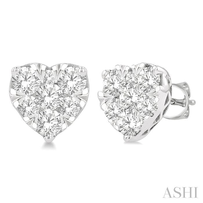 1 Ctw Heart Shape Lovebright Round Cut Diamond Stud Earring in 14K White Gold