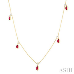 5x3 MM Oval Shape Ruby and 1/8 Ctw Round Cut Diamonds Precious Station Necklace in 10K Yellow Gold